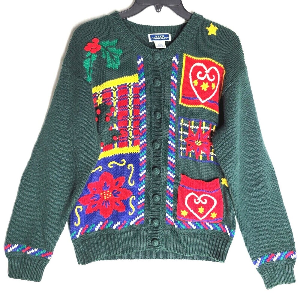 Bryn Connelly Women's Sweater Green Embellished Button Down Cardigan Size Small